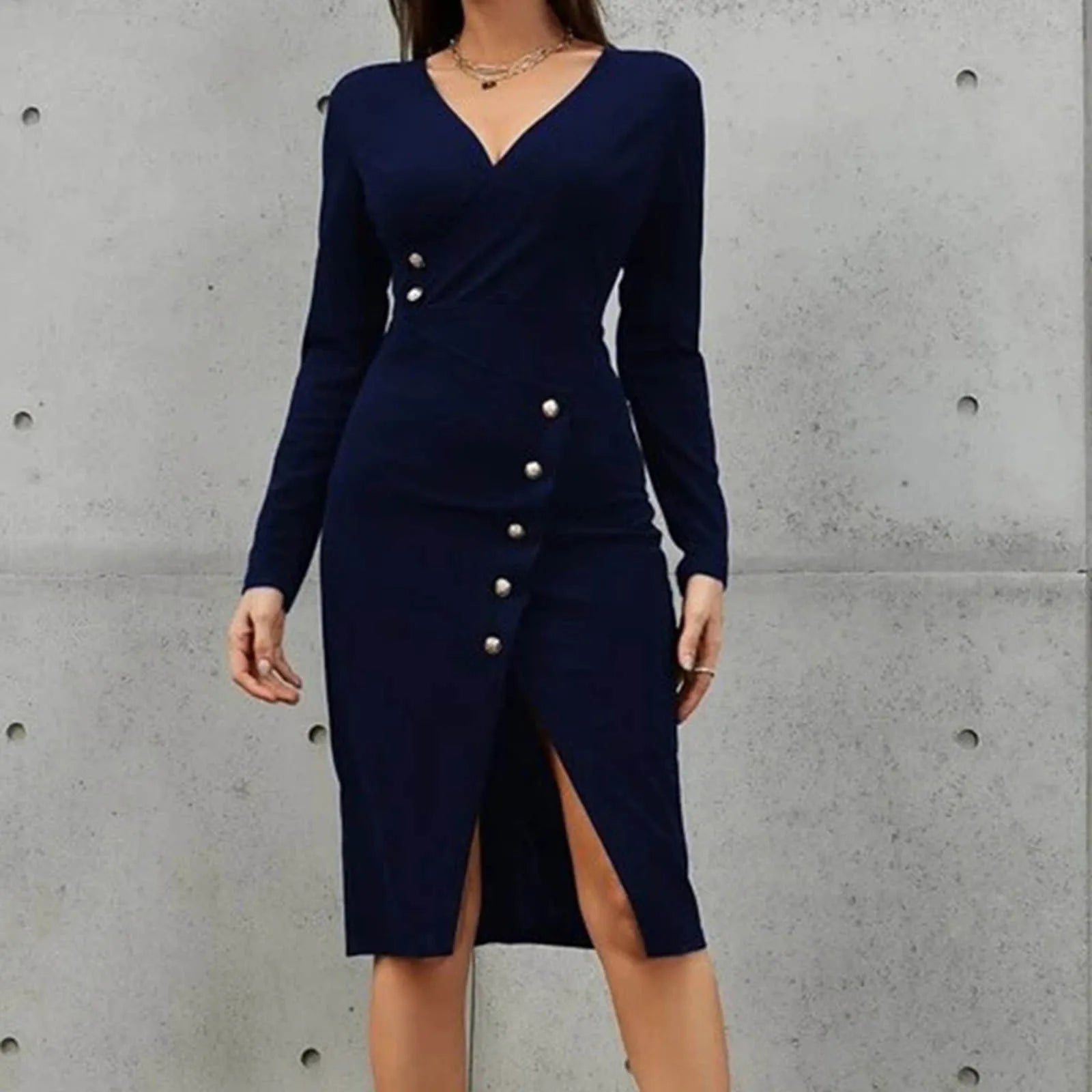 women's ethical fashion dressesJuliaFashion - Autumn Winter Women Suit Sexy Deep V Neck Slim Hip Split Button Long Sleeved Elegant Office Lady Midi Dress