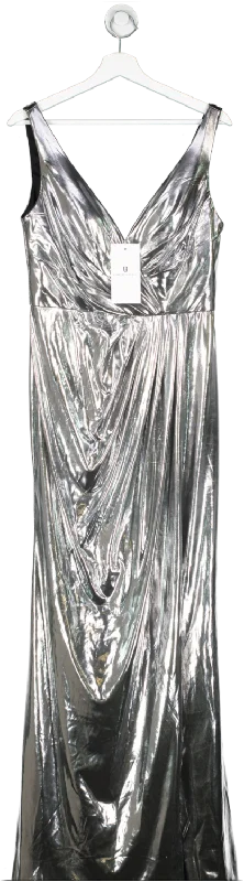 women's mini dressesForever Unique Metallic Limited Edition Silver Maxi Dress With Gathered Waist And Split UK 12