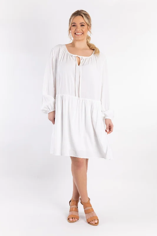 Fit-And-Flare DressLong Sleeve Tie Front Midi Dress | White | FINAL SALE