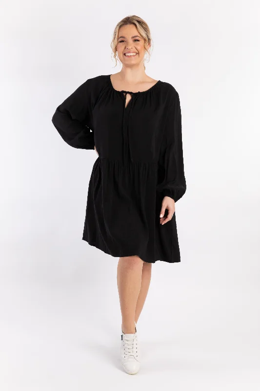 Elegant DressLong Sleeve Tie Front Midi Dress | Black | FINAL SALE