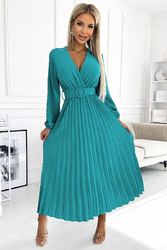 High-Low DressNumoco Basic 504-6 VIVIANA Pleated midi dress with a neckline, long sleeves and a wide belt - sea color