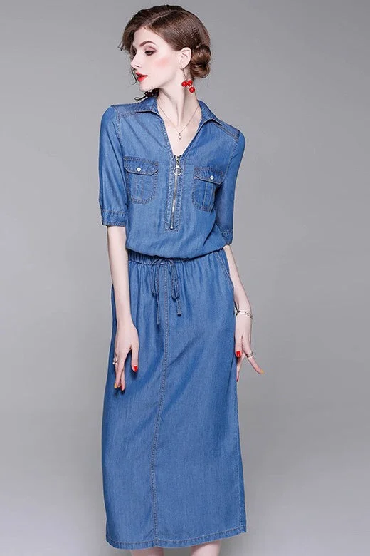 women's boho dressesDenim Midi Dress W/ Belt