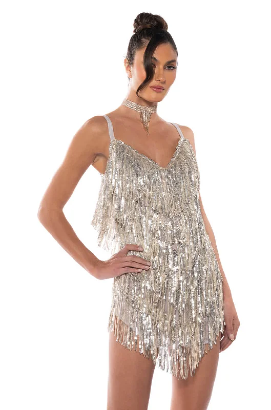 women's unique dressesSHOW UP FRINGE MINI DRESS IN SILVER