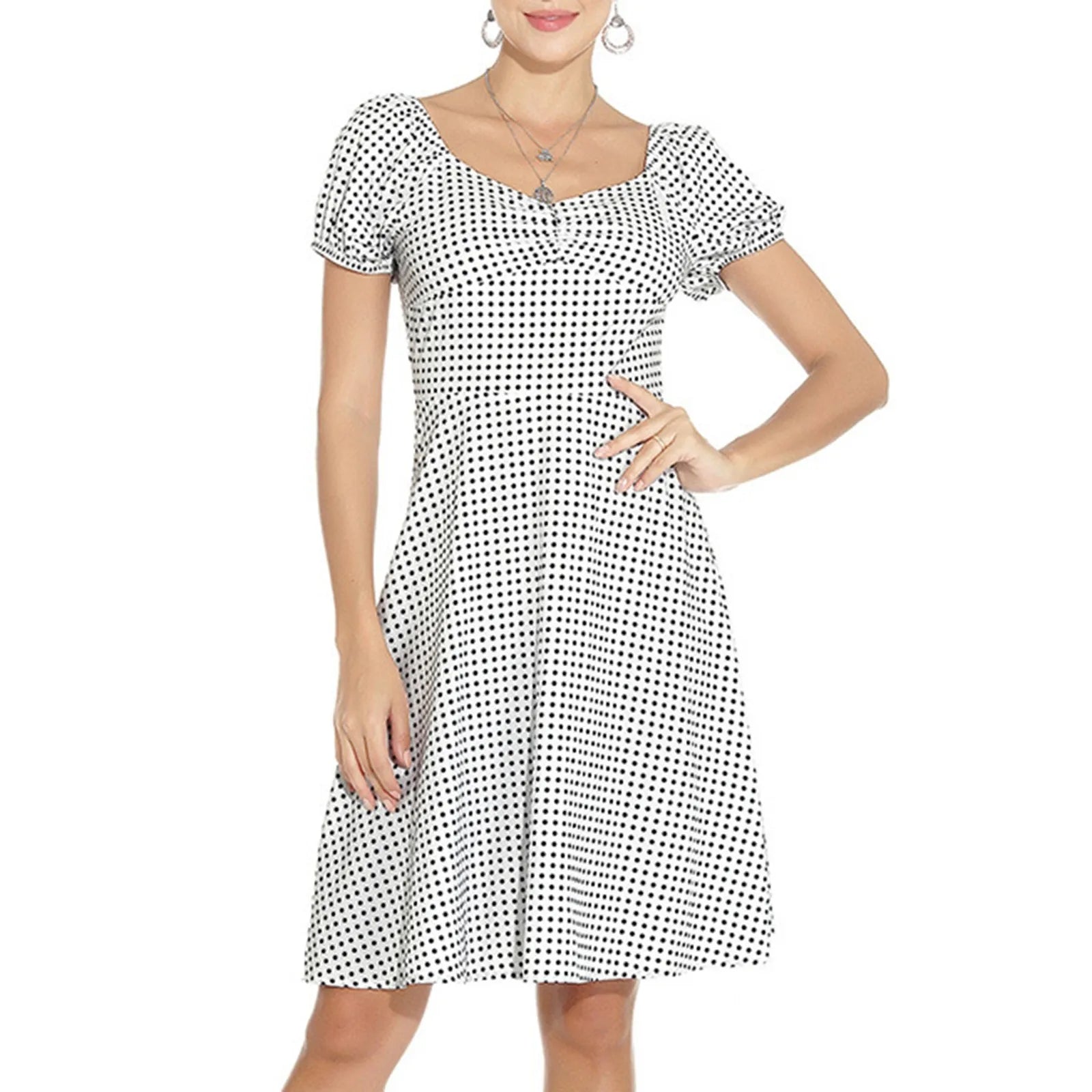 women's satin dressesJuliaFashion - New Square Neck Puff Short Sleeve Elastic Shirred Slim Swing Midi French Style Polka Dot A Line Dress