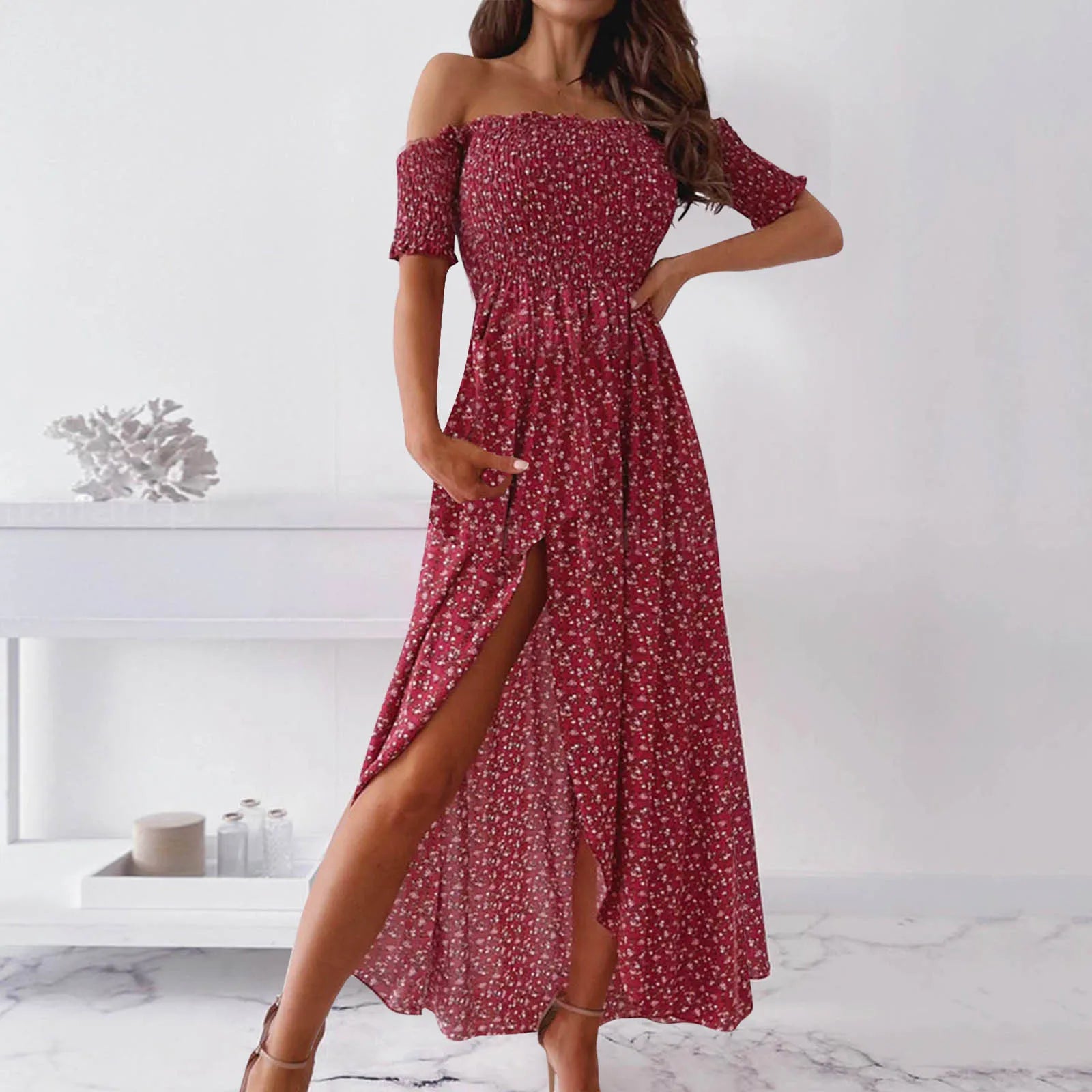 women's club dressesJuliaFashion - Off The Shoulder Midi Women Summer Floral 2024 Casual Pleated Elegant Woman High Waist Slit Party Long Dress