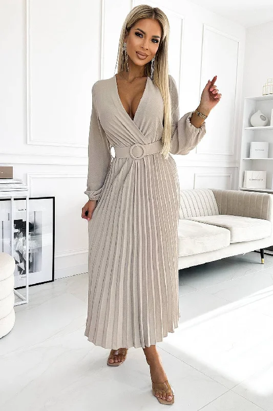 women's midi dressesNumoco Basic 504-2 VIVIANA Pleated midi dress with a neckline, long sleeves and a wide belt - beige colour