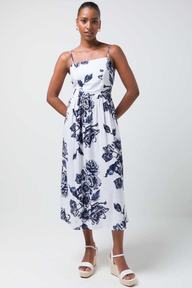 Backless DressStrappy Midi Dress Blue & White