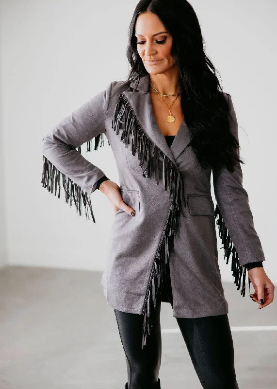 women's coats with Victorian-era influencesHarlen Fringe Suede Blazer