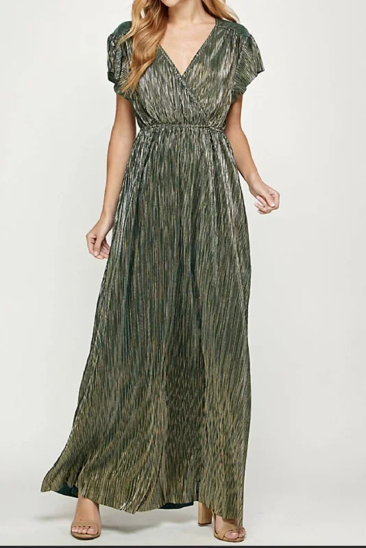 women's empire waist dressesMetallic Maxi Dress In Forest/gold