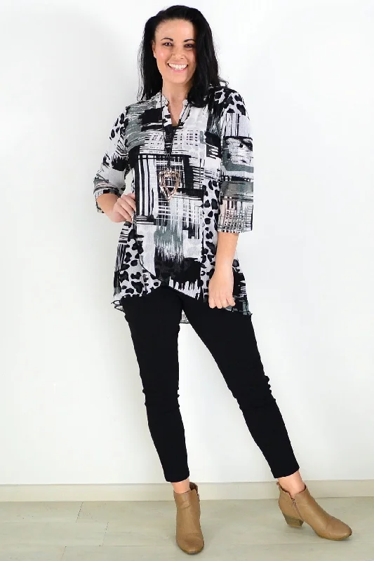 women's coats with hoodsBlack White Mesh Ladies Tunic Top