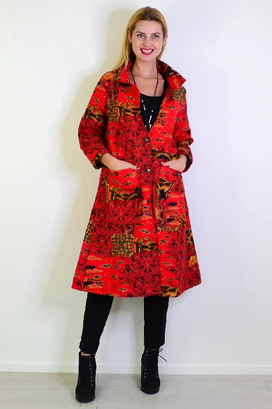 women's coats with lace detailingLong Oriental Red Fleece Lined Jacket