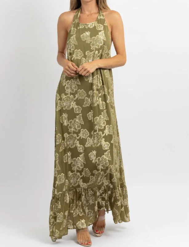 women's wrinkle-resistant dressesHalter Maxi Dress In Andie Olive, Gold