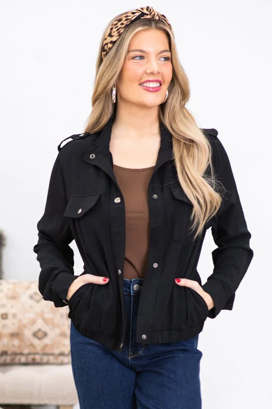 women's coats with belted waistsBlack Snap Button Jacket With Chest Pockets