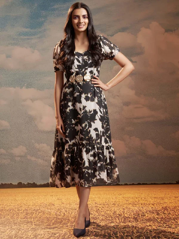 Floral DressBlack Floral Print Georgette Flared With A-Line Midi Dress