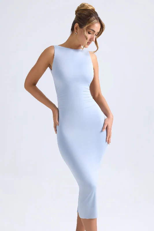 Backless DressRuched Open-Back Midaxi Dress in Light Blue