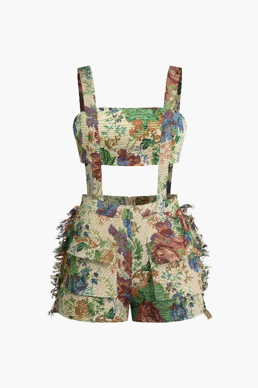 women's halter dressesFloral Pattern Fringe Tube Top And Pocket Shorts Set