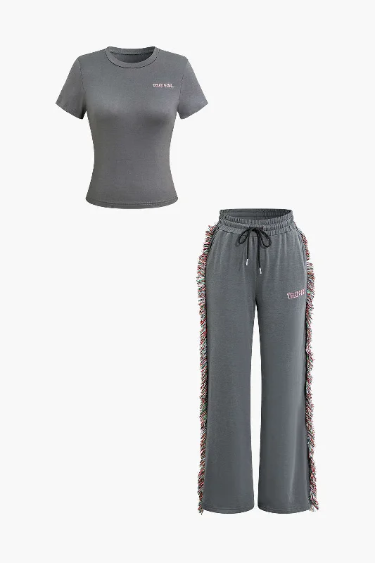 Tea-Length DressLetter Print T-shirt And Tassel Drawstring Pants Set