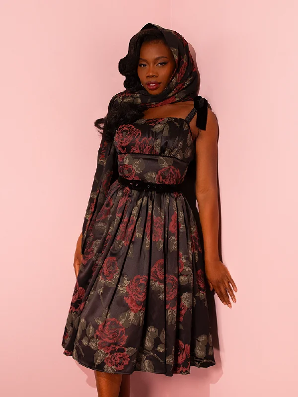 women's versatile dresses1950s Satin Swing Sundress and Scarf in Black Vintage Roses - Vixen by Micheline Pitt