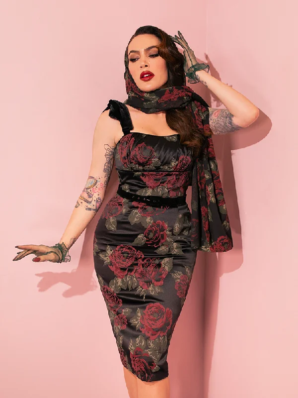 women's lace dresses1950s Satin Wiggle Sundress and Scarf in Black Vintage Roses - Vixen by Micheline Pitt