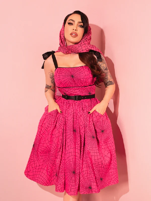 women's fair-trade dresses1950s Swing Sundress and Scarf in Hot Pink Spider Web Print - Vixen by Micheline Pitt