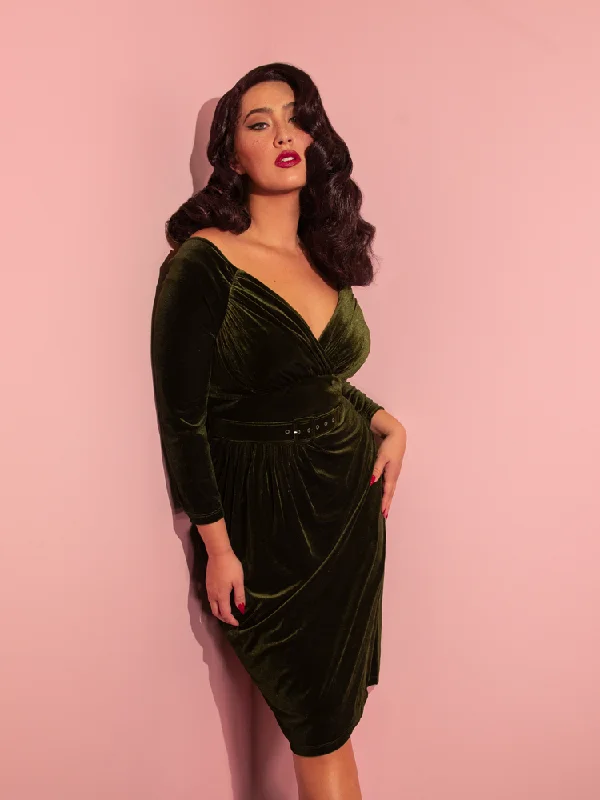 Backless DressStarlet Wiggle Dress in Olive Green Velvet - Vixen by Micheline Pitt