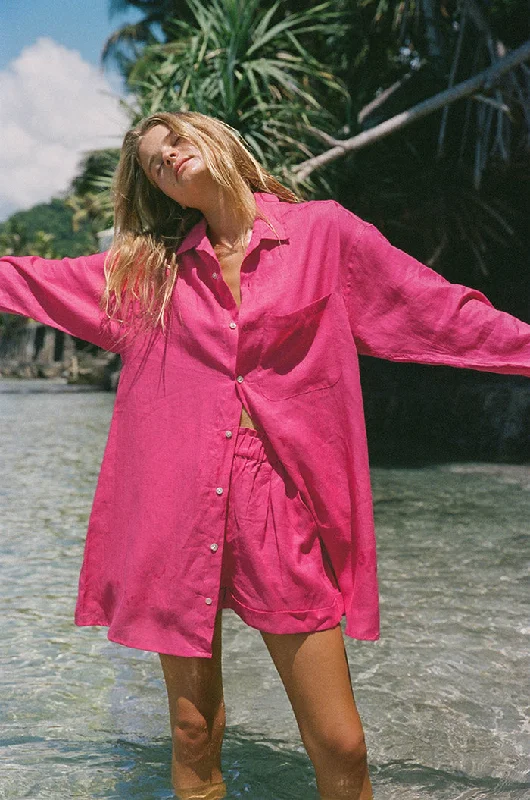 Short-Sleeve DressSUMMER Shirt Dress - pink linen