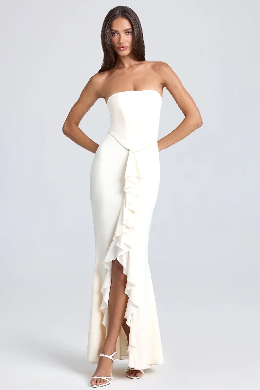 Scoop-Neck DressBandeau Ruffle-Trim Corset Gown in Ivory