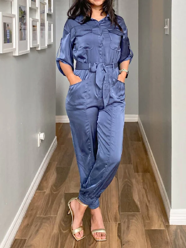 women's jumpsuits for glamorous evenings3/4 Sleeve Dressy Jumpsuit In Deep Blue