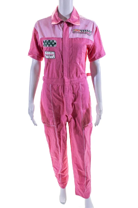 women's jumpsuits with cinched waistsBeach Riot Womens Cotton Collared Short Sleeve Zip Up Jumpsuit Pink