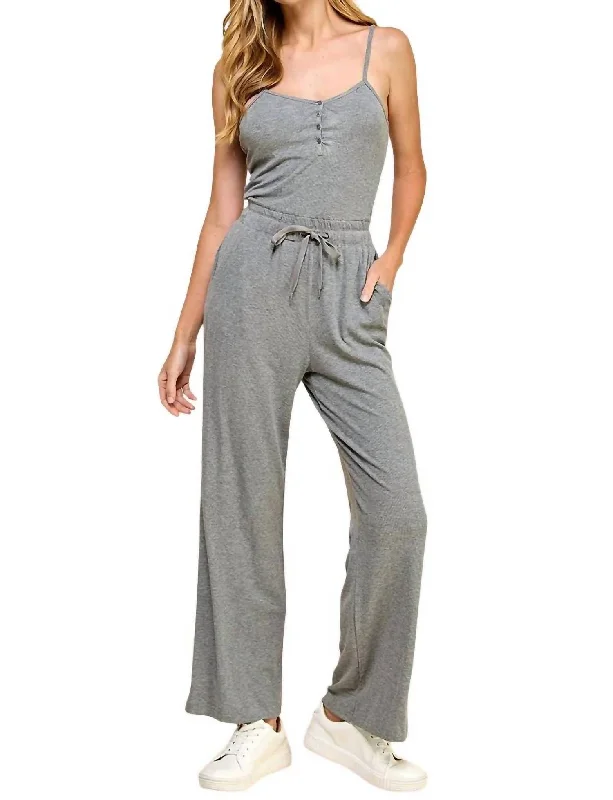 women's jumpsuits with self-ties at the waistButton-Up Bliss Jumpsuit In Grey