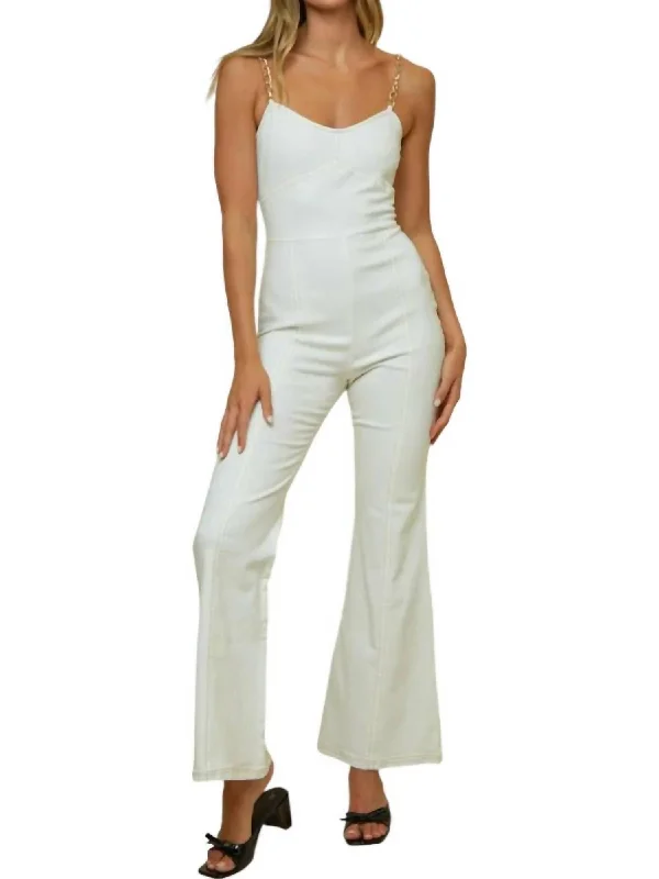 women's jumpsuits with halter necksChain Shoulder Detail Denim Jumpsuit In White