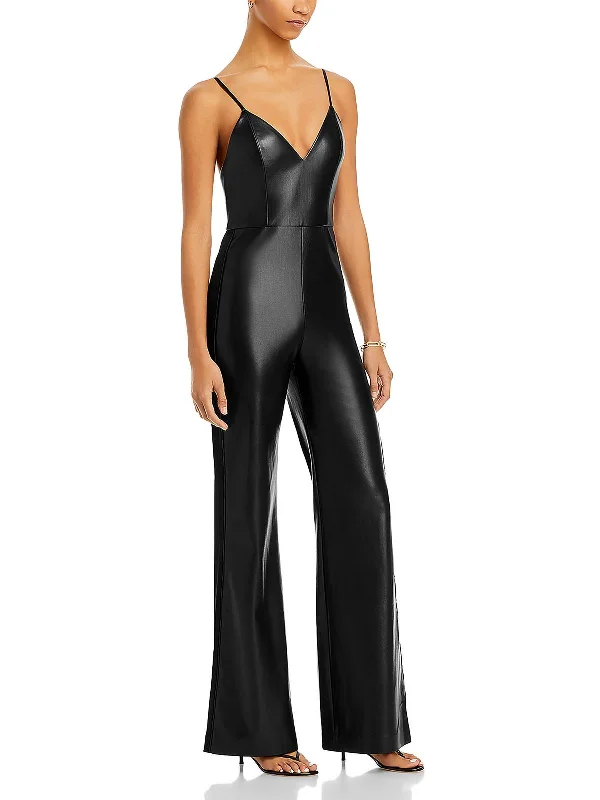 women's loose-fit jumpsuitsChristena Womens Faux Leather Wide Leg Jumpsuit