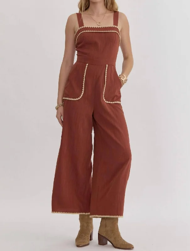 women's retro jumpsuitsContrast Square Neck Sleeveless Jumpsuit In Brown