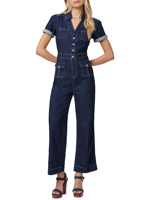 women's jumpsuits with Peter Pan collarsDarla Womens Denim Cuff Sleeve Jumpsuit