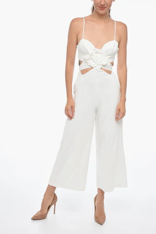 women's jumpsuits for loungingErmanno Scervino Cropped Fit Jumpsuit with Cut-outs and Flower Patch