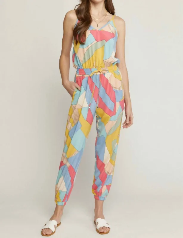 women's jumpsuits for springGeometric Print Tank Jogger Jumpsuit In Multi Color