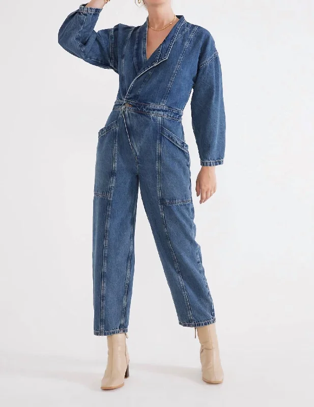 women's jumpsuits for machine-washable fabricsLiv Asymmetric Denim Jumpsuit In Arctic Storm