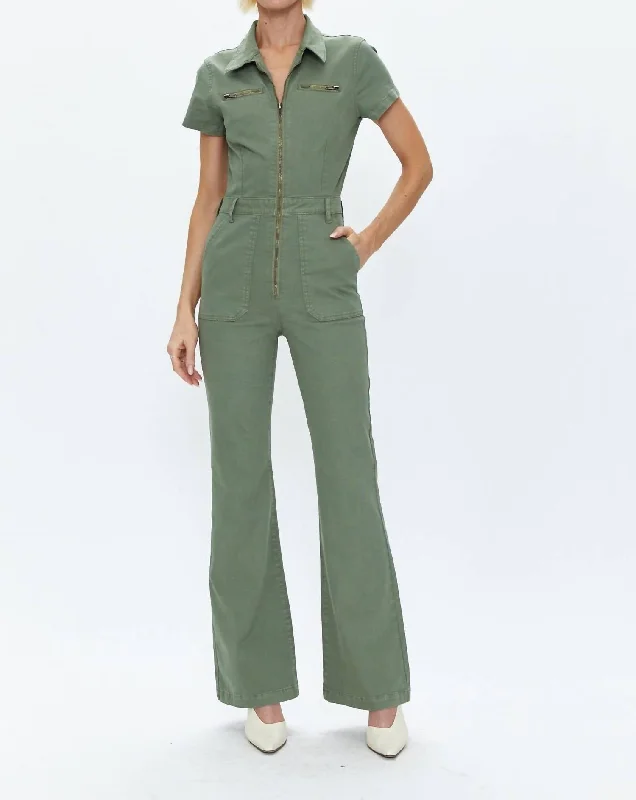 women's jumpsuits for travelMartina Short Sleeve Flare Jumpsuit In Colonel