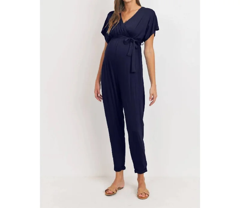 women's jumpsuits with off-the-shoulder necksNursing Tapered Jumpsuit In Navy