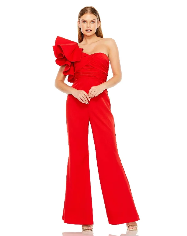 women's jumpsuits made of chiffonOne Shoulder Ruffle Detail Flare Pant Jumpsuit