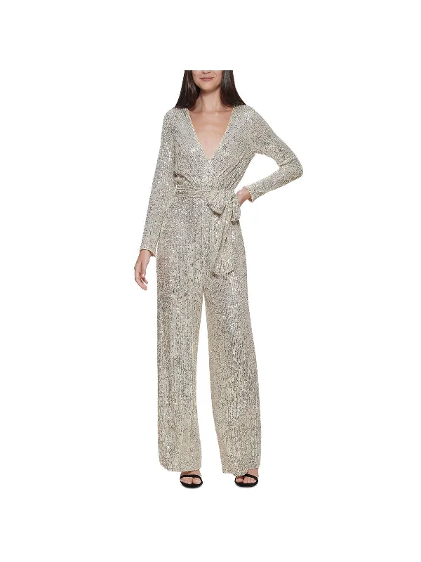 women's wide-leg jumpsuitsPetites Womens Sequined Surplice Jumpsuit