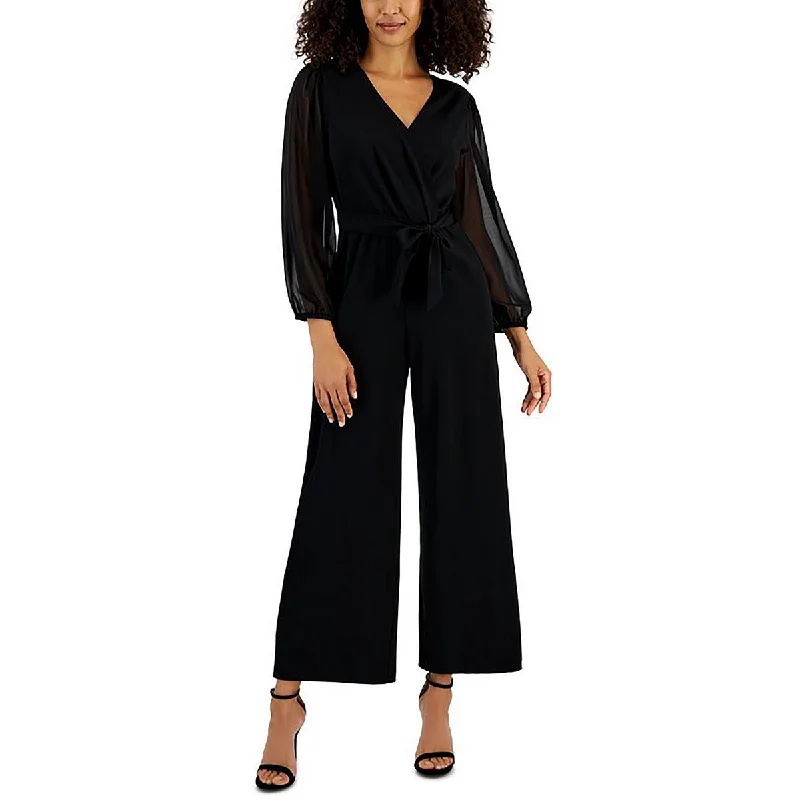 women's jumpsuits with long sleevesPetites Womens Tie-Wiast Wide Leg Jumpsuit