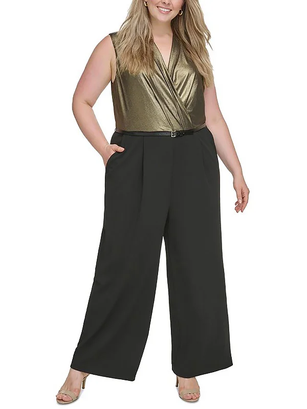 women's jumpsuits for petite womenPlus Womens Metallic Wide Leg Jumpsuit