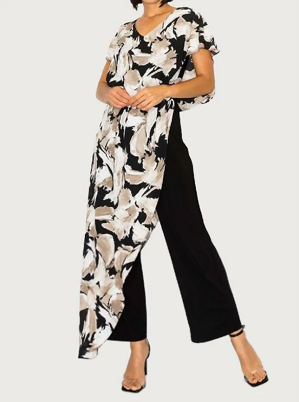 women's jumpsuits for yogaPrinted Jumpsuit With Chiffon Overlay In Tan Floral