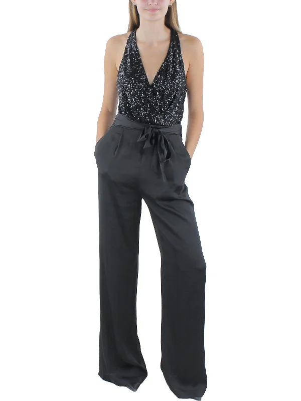 women's jumpsuits with bell sleevesRebekah Womens Silk Tie Front Jumpsuit