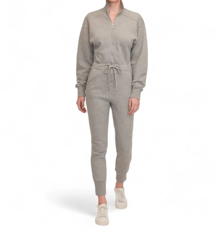 women's jumpsuits for laid-back looksRed-Eye Zip Front French Terry Jumpsuit In Heather Grey