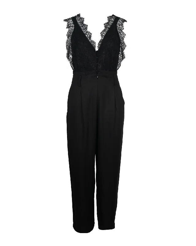 women's jumpsuits for bohemian chicSandro Floral Lace and Gabardine Jumpsuit in Black Lyocell