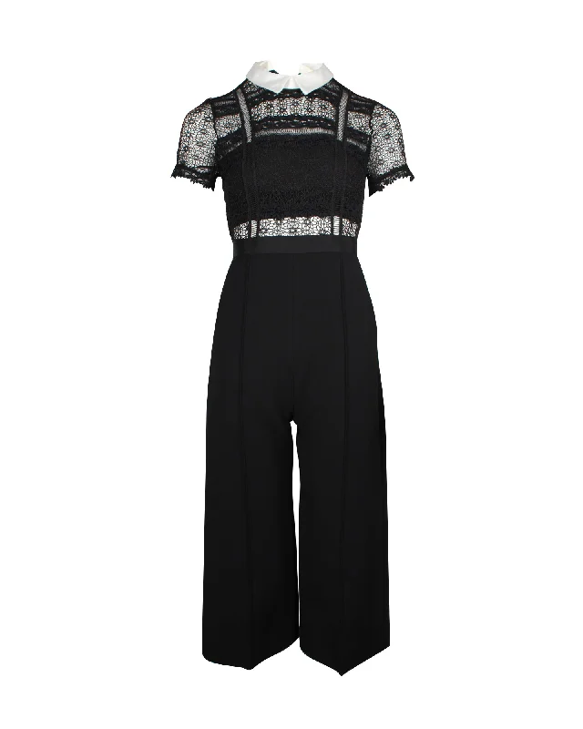 women's jumpsuits for maternity wearSelf Portrait Fleur Lace-Panelled Wide-Leg Jumpsuit in Black Polyester