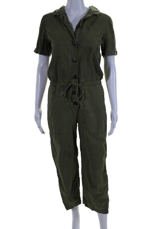 women's cropped jumpsuitsSezane Womens Textured Collar Button Short Sleeve Jumpsuit Army Green