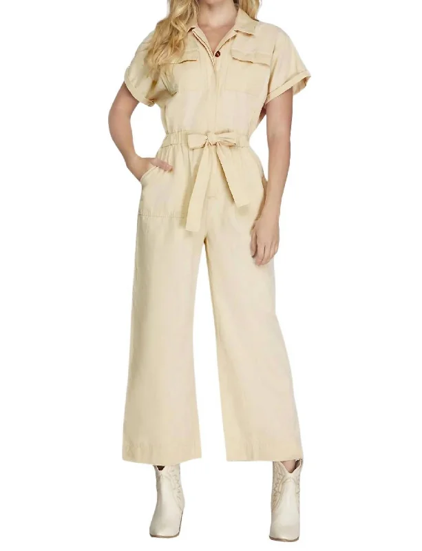 women's jumpsuits with V-necksShort Sleeve Button Front Jumpsuit In Ecru